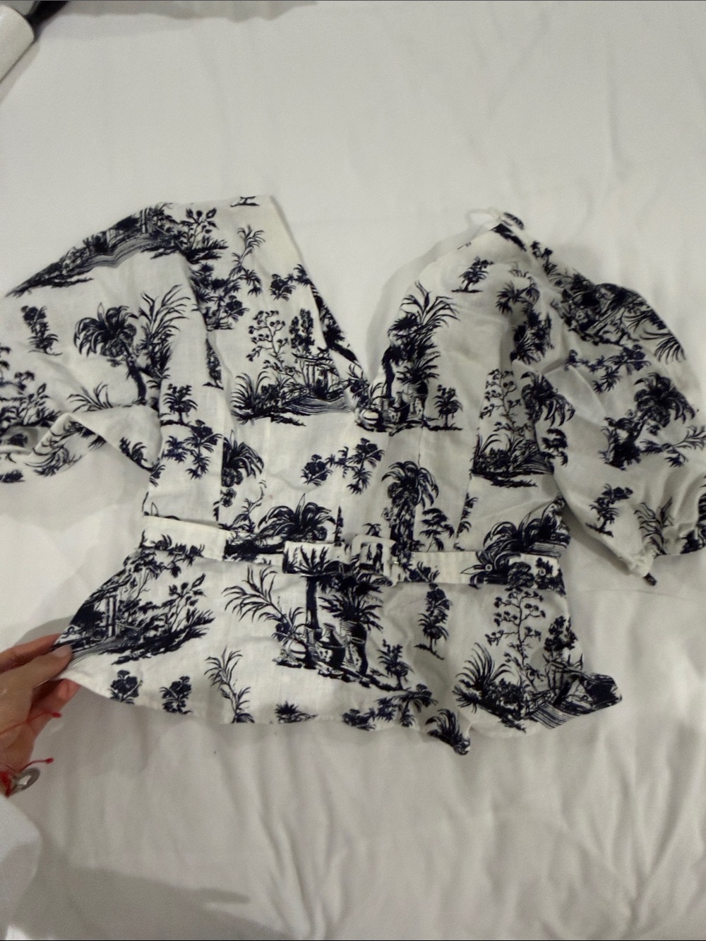 Scanlan Theodore White and Navy Toile Peplum Blouse